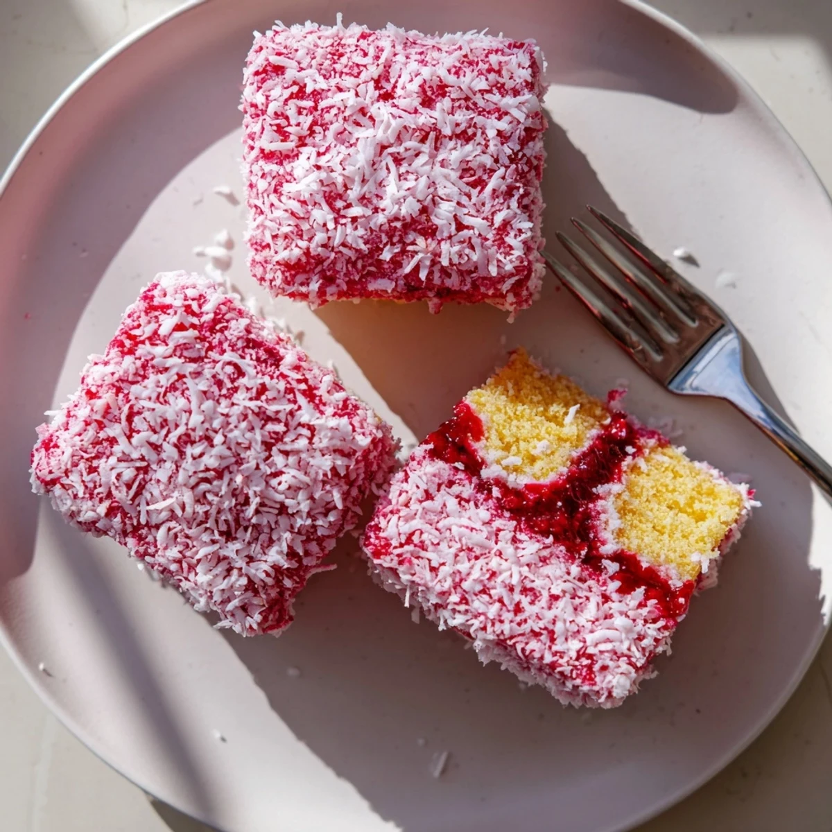 Pink raspberry lamingtons coated in fluffy coconut on a rustic wire rack