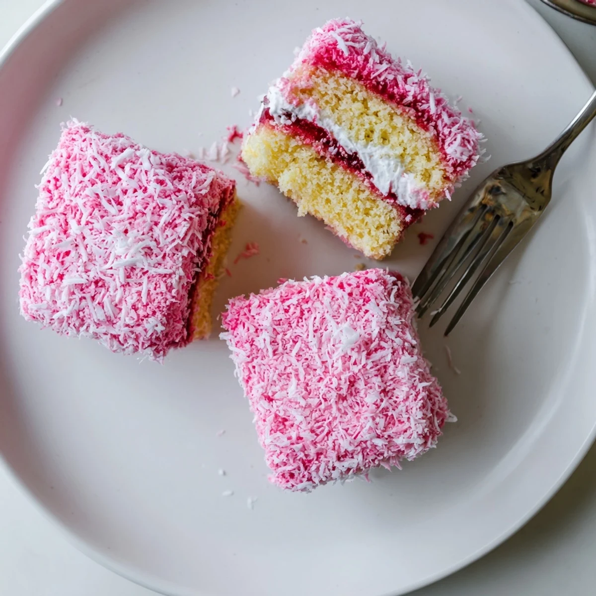 Soft sponge squares dripping with berry syrup and rolled in sweet coconut