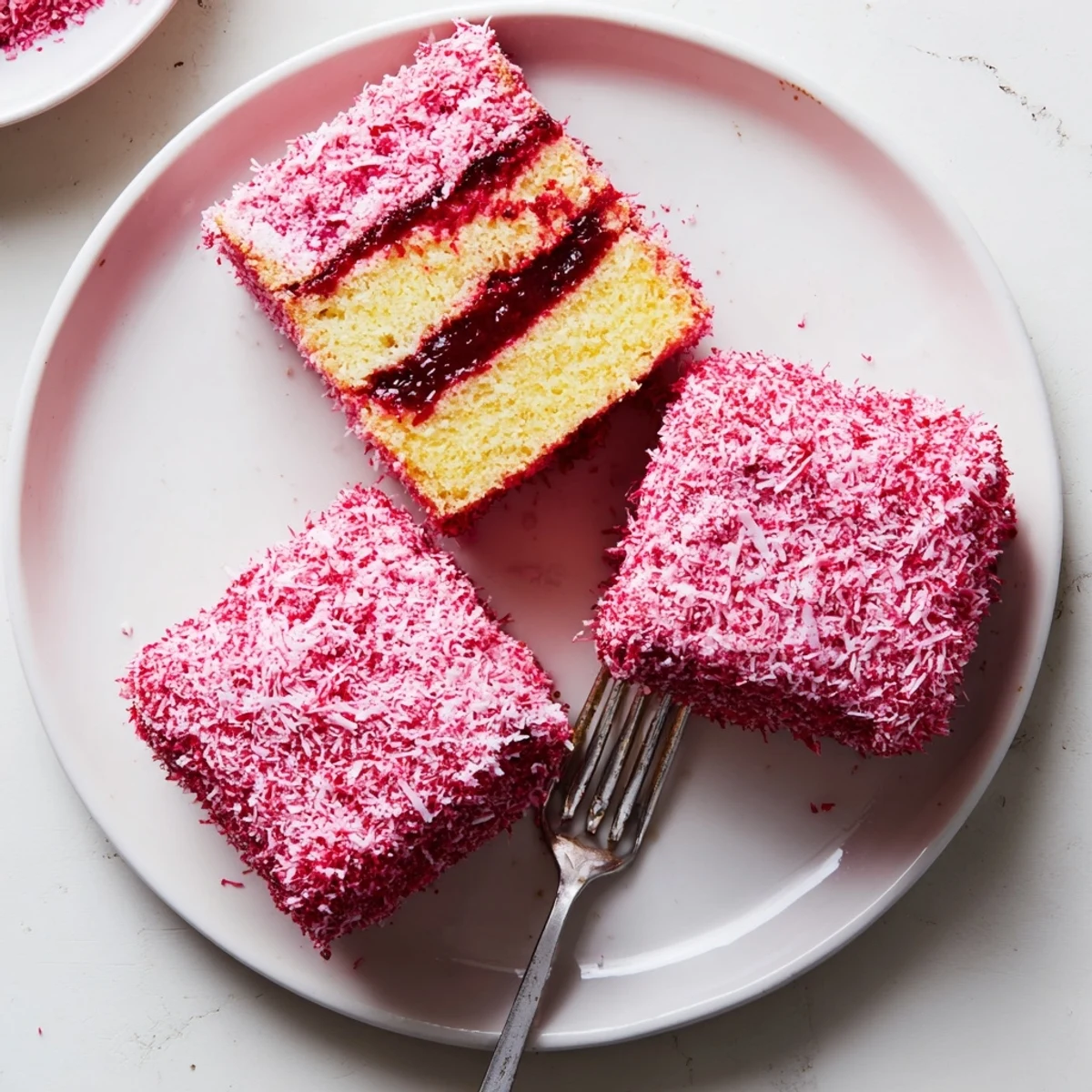 Bright raspberry lamingtons dusted with coconut served on a white cake stand