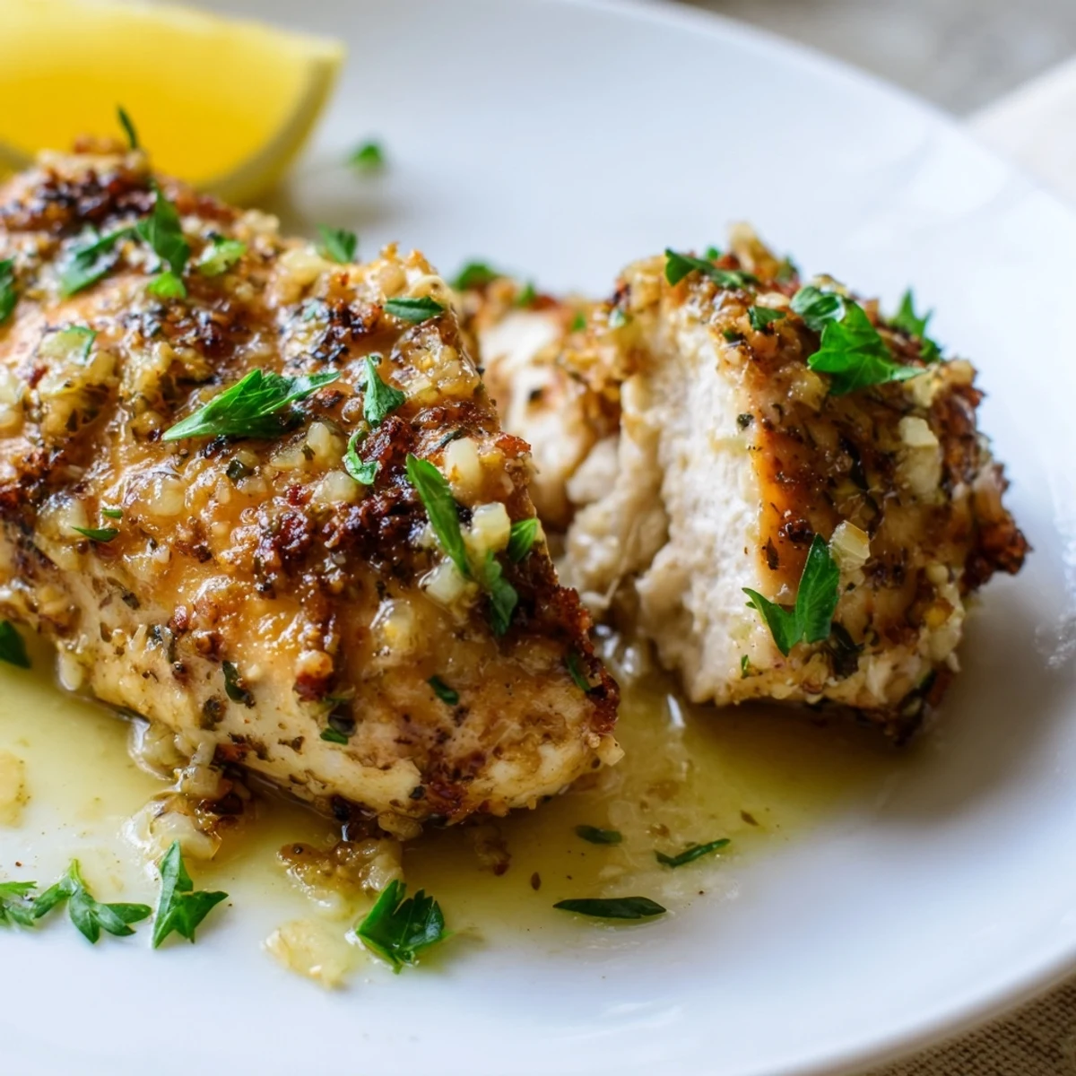 Golden garlic butter baked chicken breast resting in a bubbling herb-flecked sauce