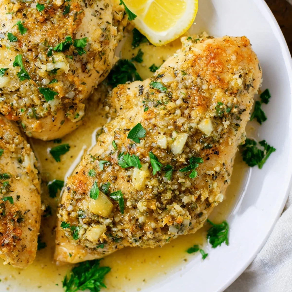 Juicy garlic butter baked chicken breast sliced open revealing tender moist meat