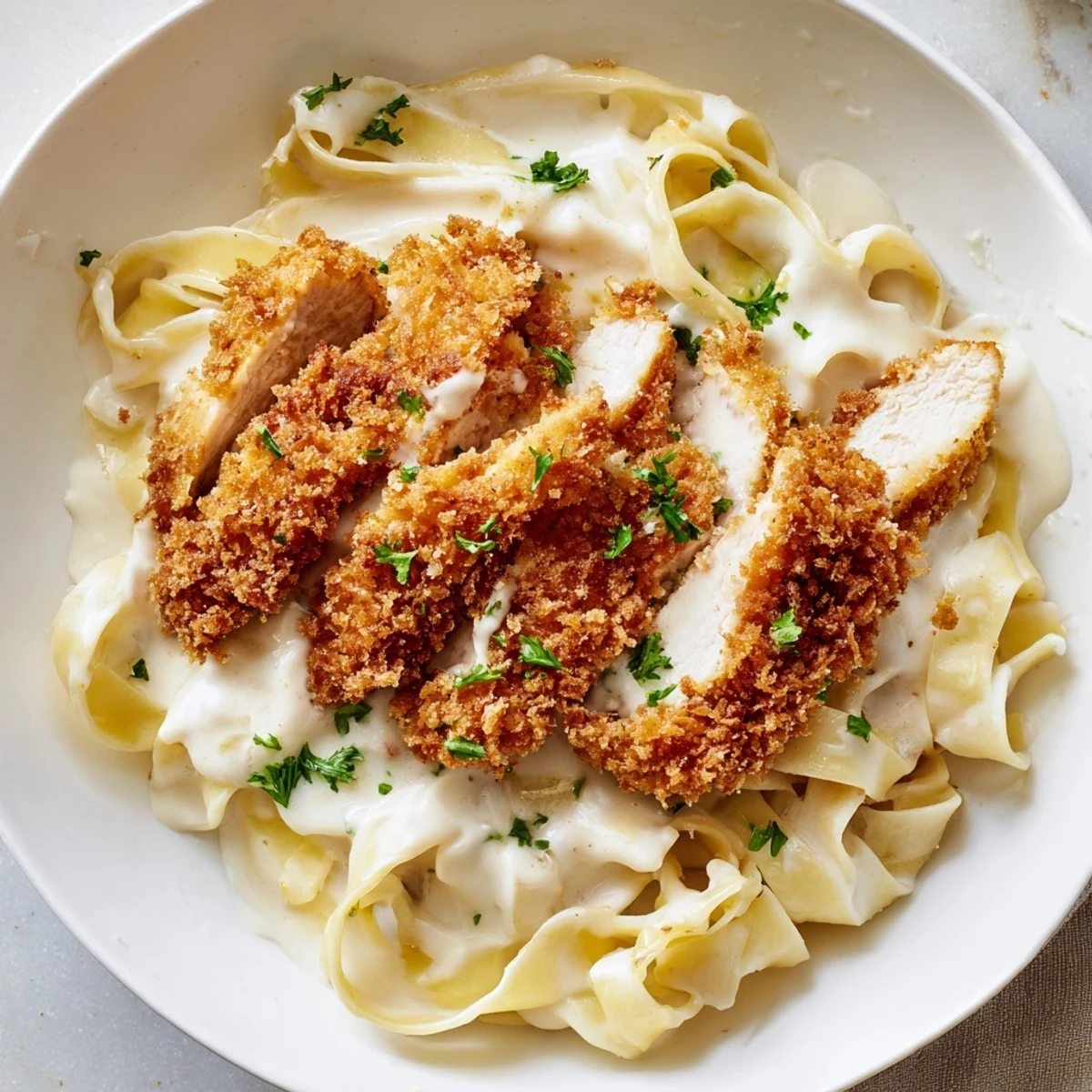 Crispy chicken alfredo with golden breaded cutlets resting on creamy fettuccine topped with parsley