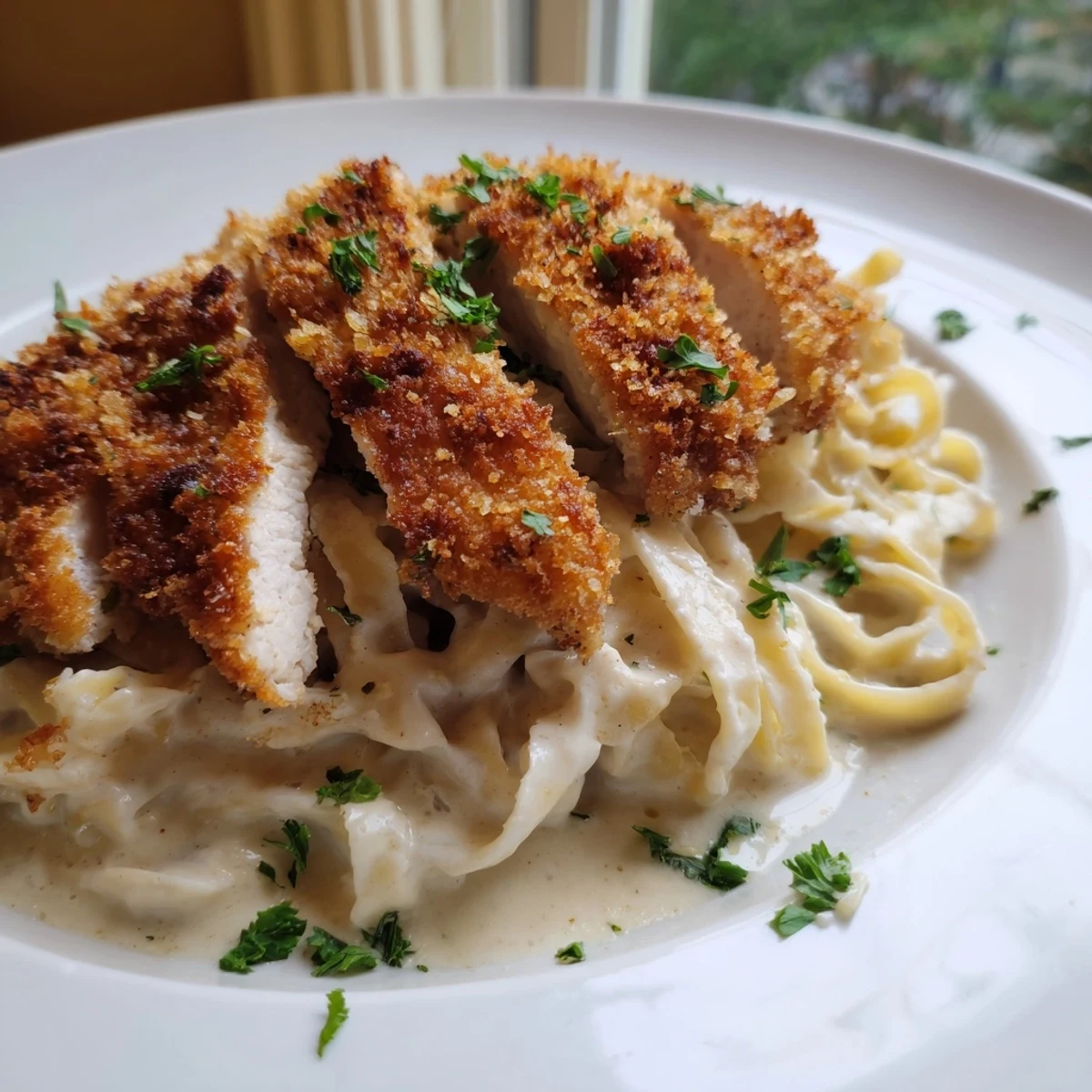 Creamy parmesan Alfredo sauce coating tender pasta beneath crunchy crispy chicken alfredo strips