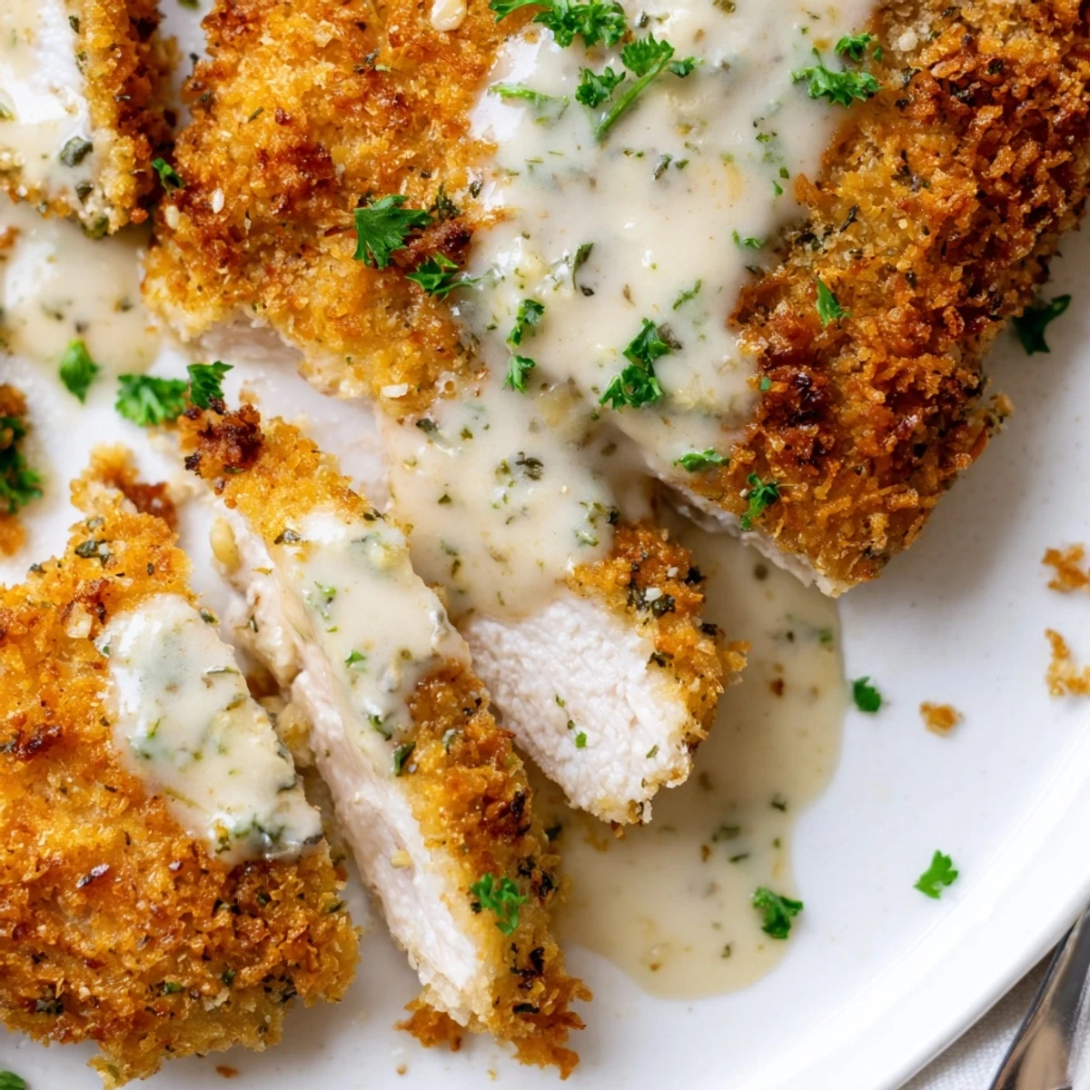 Golden crispy Parmesan chicken with creamy garlic sauce on a white dinner plate