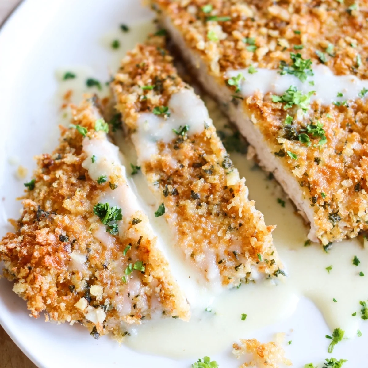 Breaded Parmesan chicken cutlets drizzled with rich garlic cream sauce and fresh parsley