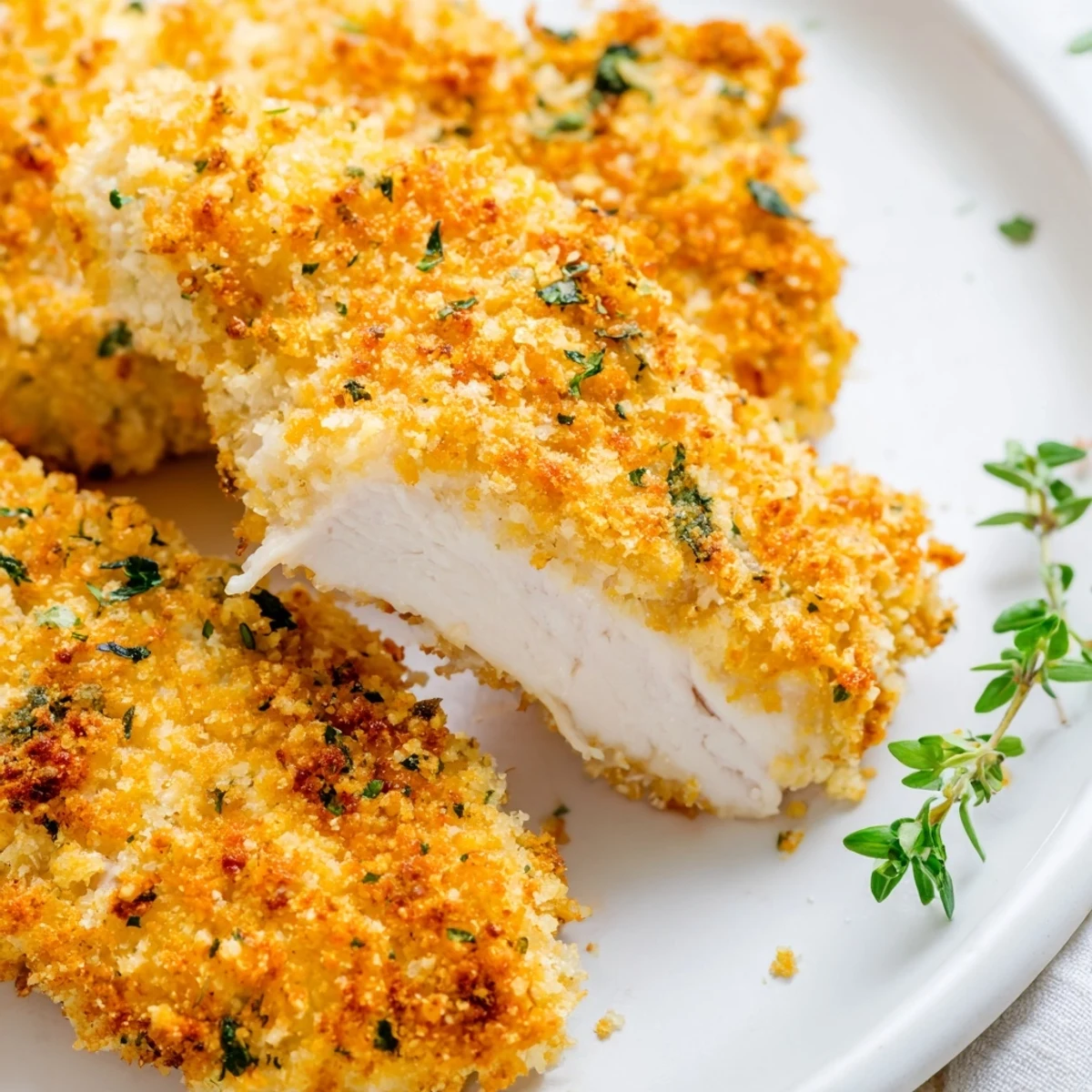 Golden crispy baked Savory Herbed Parmesan Chicken served on a rustic white dinner plate
