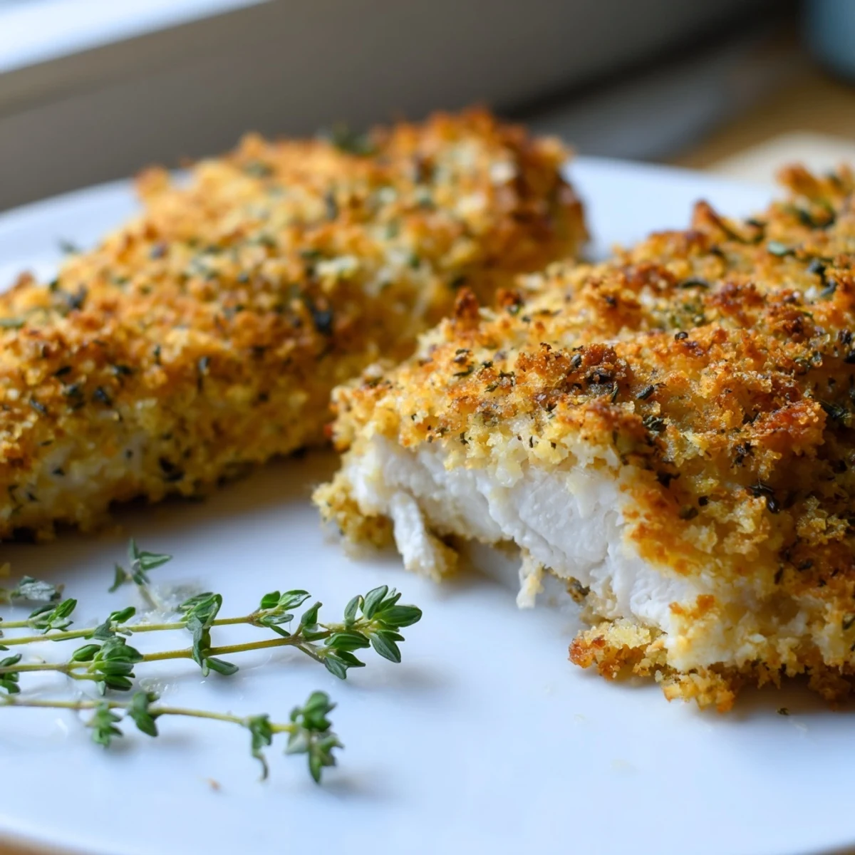 Juicy Savory Herbed Parmesan Chicken fresh from the oven with fragrant herb crust