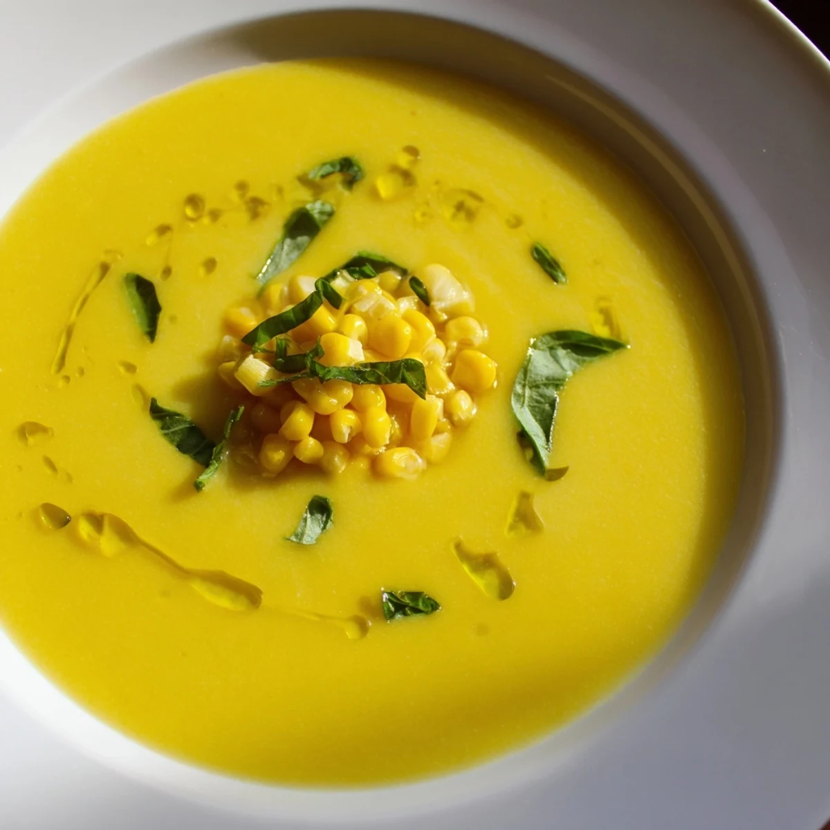 Golden Summer Sweet Corn Gazpacho topped with fresh basil and corn kernels