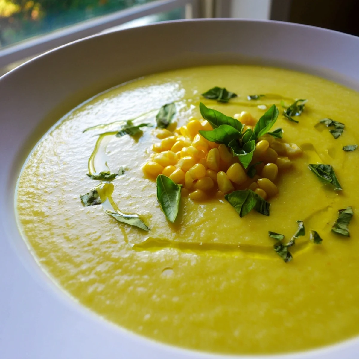 Chilled Summer Sweet Corn Gazpacho poured into a bowl with olive oil drizzle
