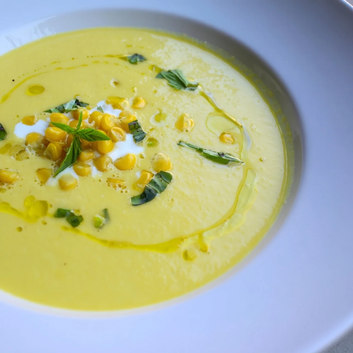 Vibrant yellow Summer Sweet Corn Gazpacho served cold with herb garnish and crusty bread