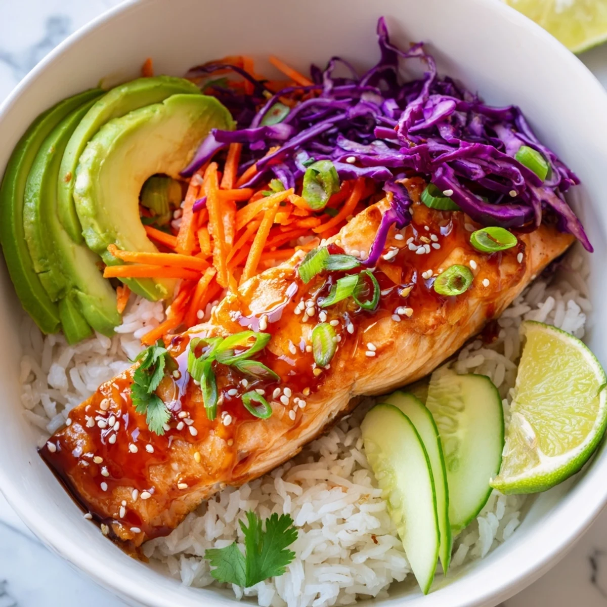 Glossy sriracha honey glazed salmon bowls with vibrant vegetables over steamed jasmine rice