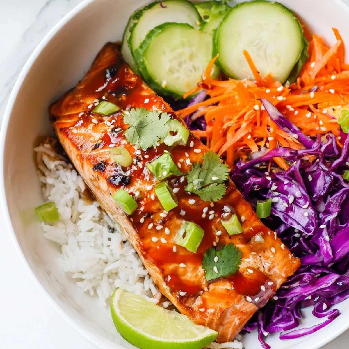 Crisp colorful veggies and avocado topping spicy sriracha honey glazed salmon bowls