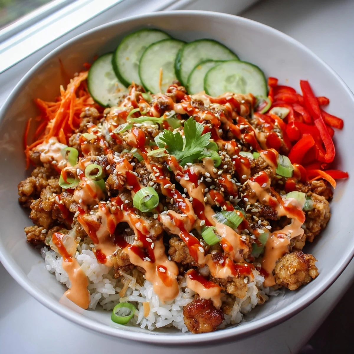 Ground Turkey Rice Bowls drizzled with spicy creamy Bang Bang sauce over crisp vegetables