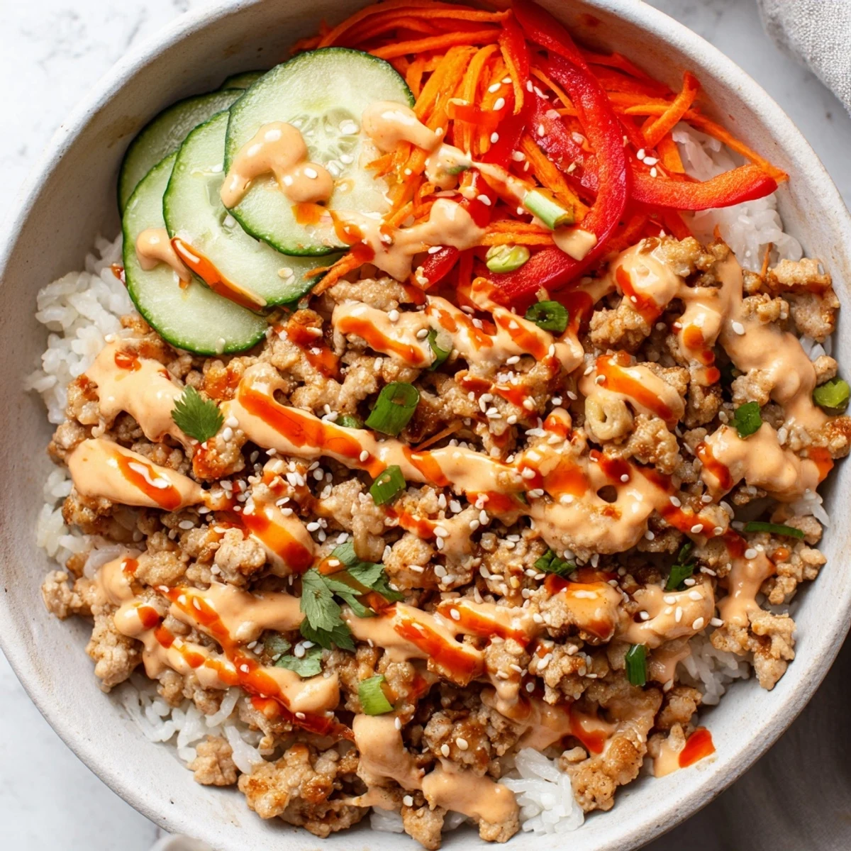 Savory ground turkey rice bowls topped with crunchy bell peppers and sweet chili drizzle