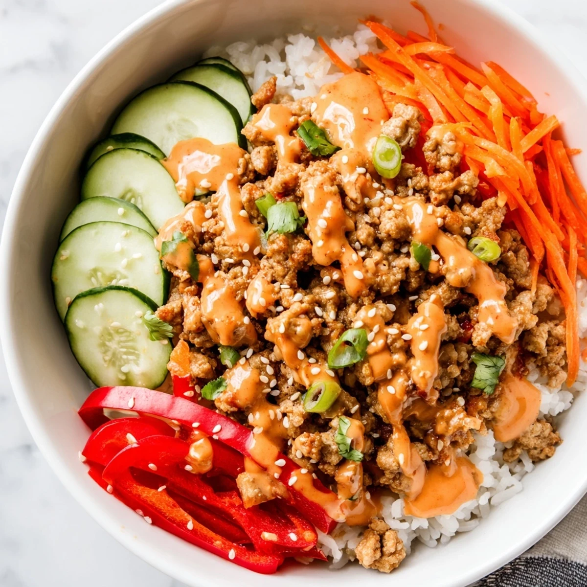 Seasoned ground turkey rice bowls glistening with Bang Bang sauce fresh herbs and sesame seeds