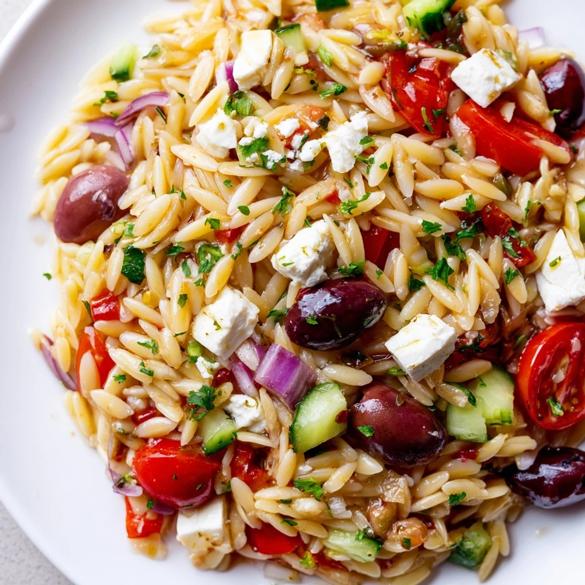 Colorful Mediterranean orzo pasta salad brimming with ripe tomatoes, olives, and creamy feta