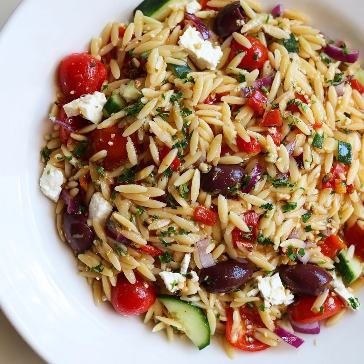 Vibrant Mediterranean orzo pasta salad served in a rustic bowl with zesty herb dressing
