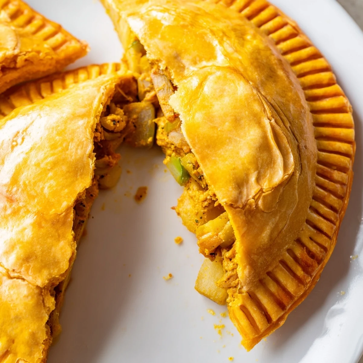 Golden flaky Jamaican curry chicken patties fresh from the oven with crisp pastry