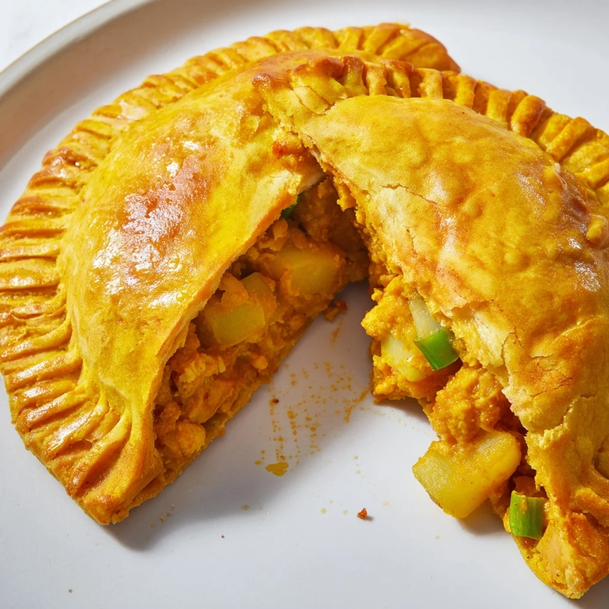 Warm Jamaican curry chicken patties arranged on a plate with flaky golden half-moon shells