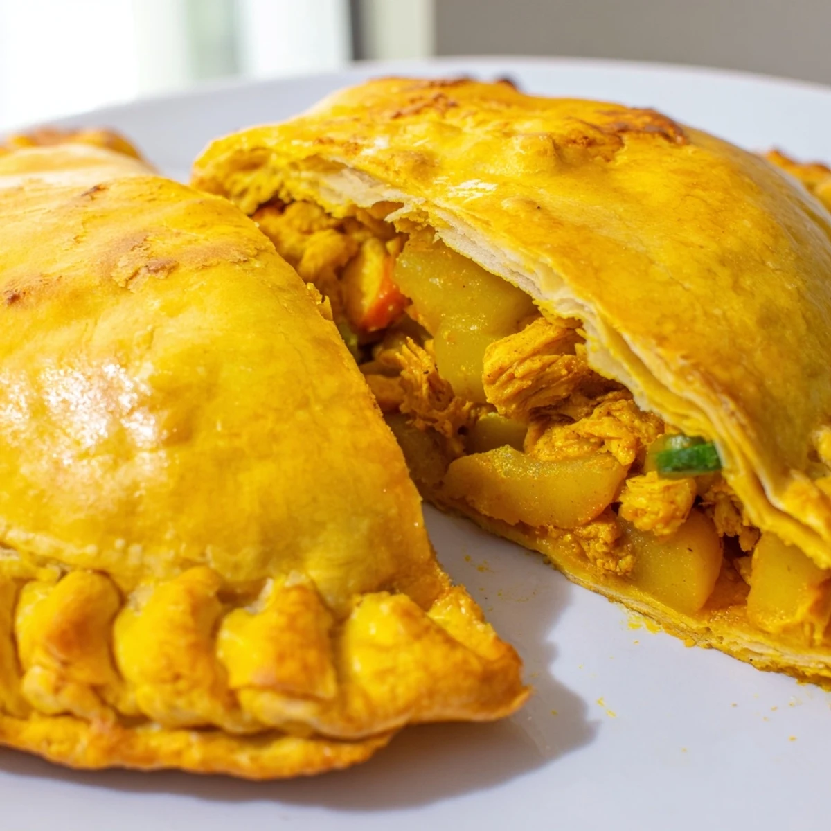 Close-up of Jamaican curry chicken patties revealing spiced filling inside tender turmeric-colored crust