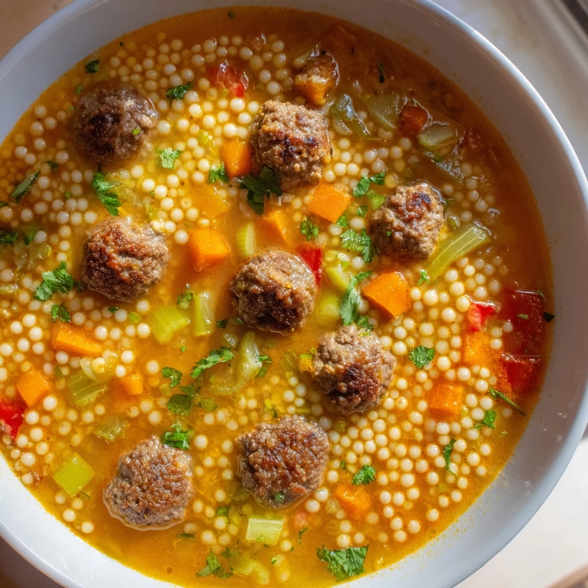 Steaming bowl of Mini Moroccan Meatball Couscous Soup topped with fresh cilantro
