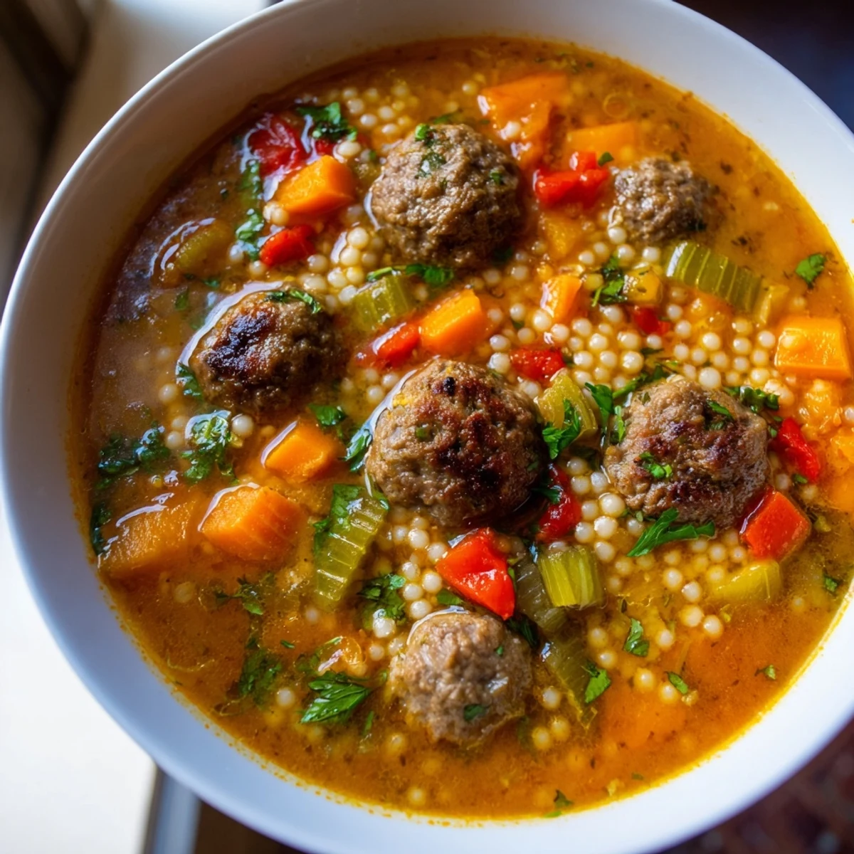 Golden spiced broth cradling tender meatballs and fluffy couscous in this Moroccan soup