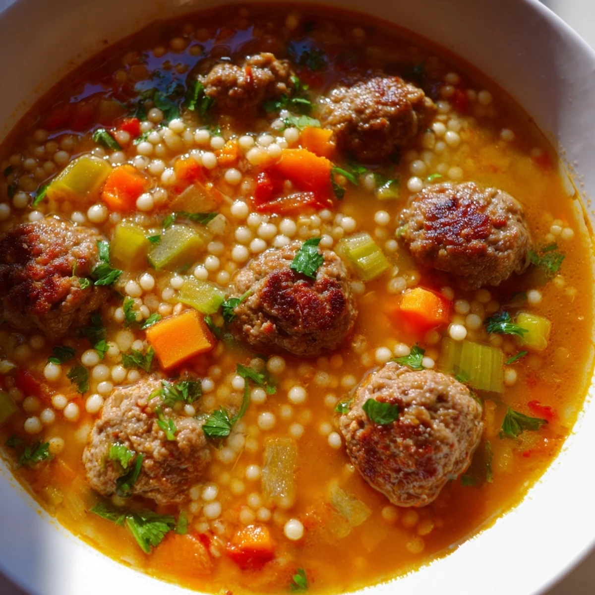 Mini Moroccan Meatball Couscous Soup served in a rustic bowl with lemon wedges