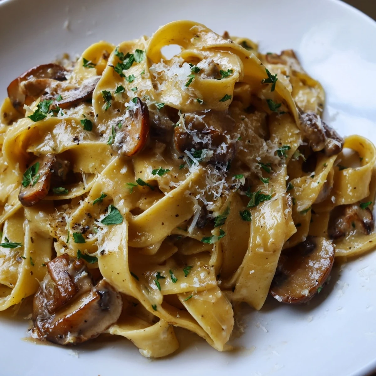 Creamy brown butter mushroom pasta draped in a silky parmesan sauce with fresh herbs