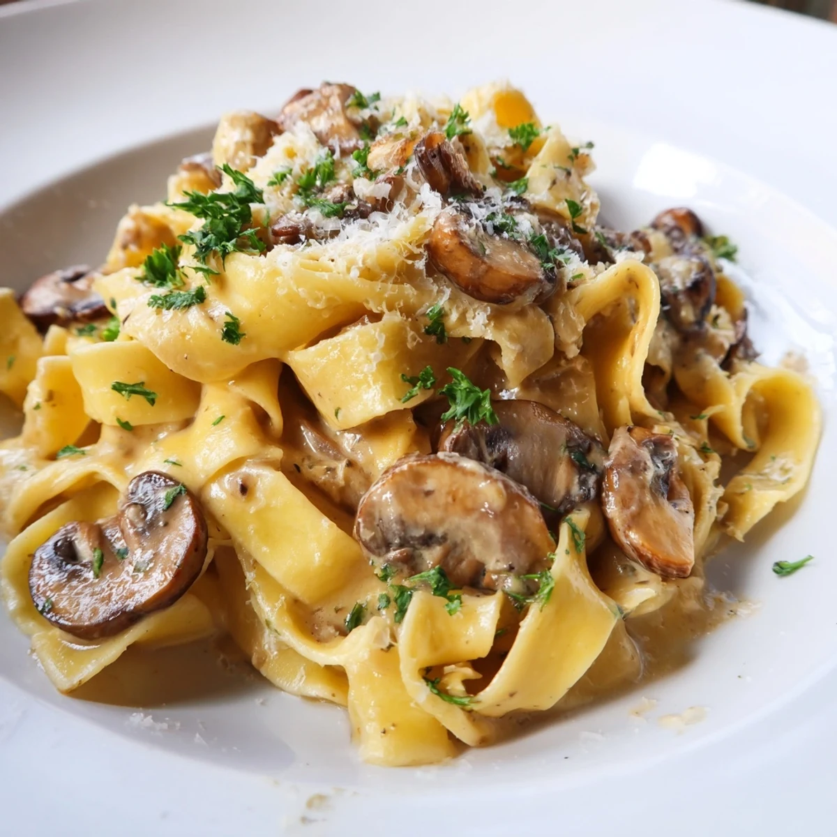 Golden caramelized mushrooms crown this creamy brown butter mushroom pasta on a rustic white plate