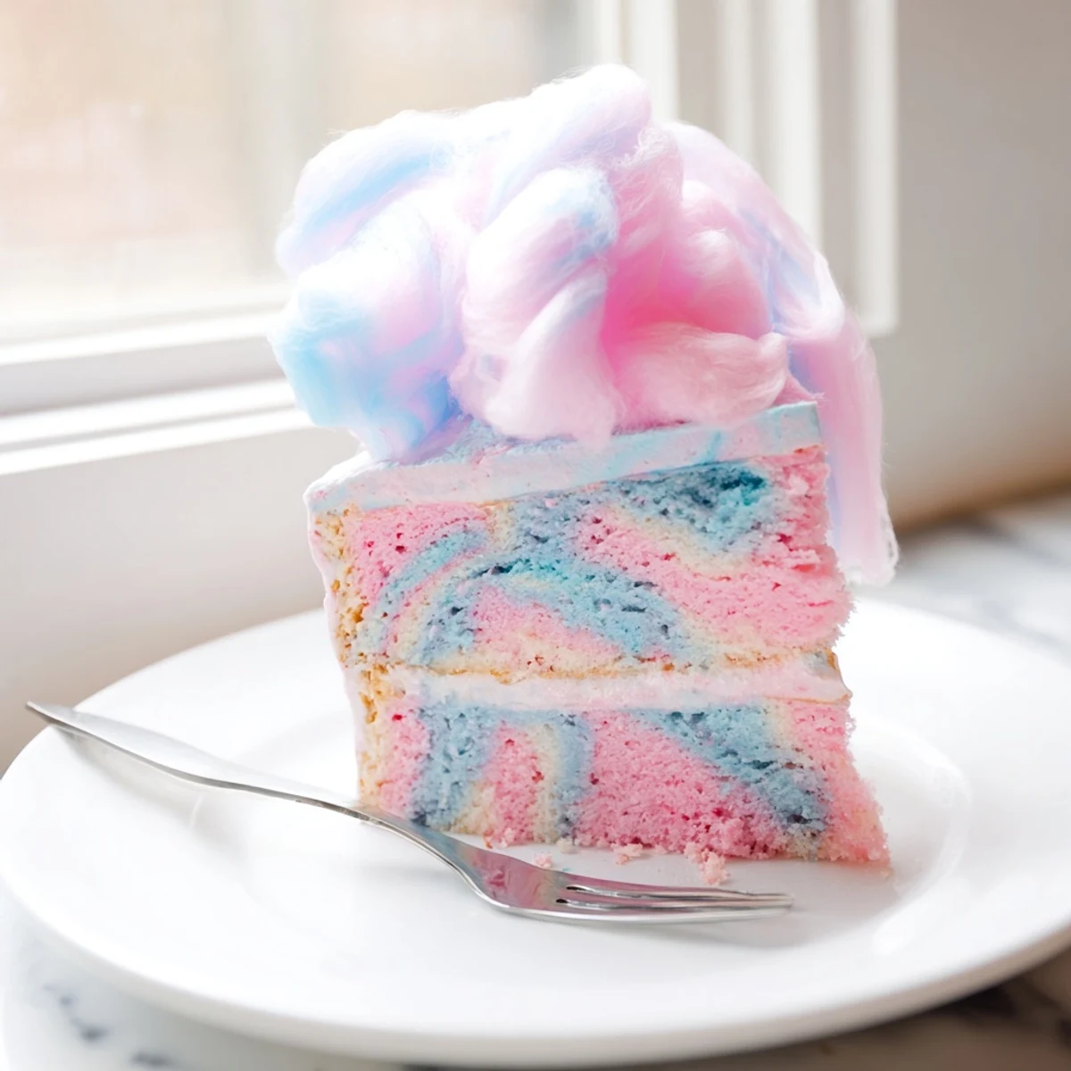 A slice of cotton candy cake with swirled pink and blue buttercream on a festive dessert plate.