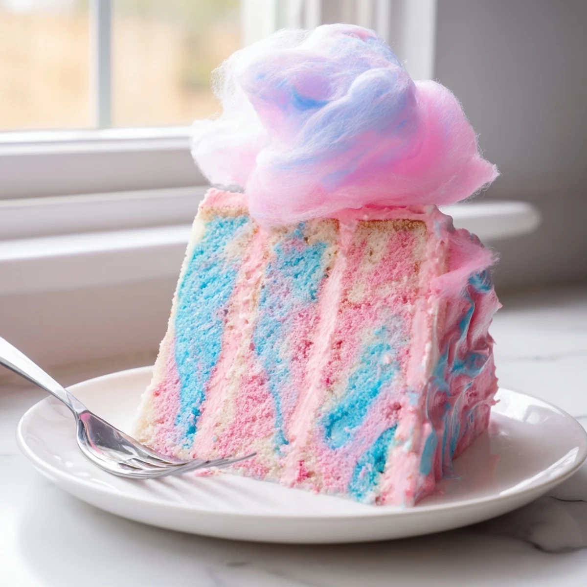 Fluffy cotton candy cake layered with pastel frosting and crowned with wispy spun sugar clouds.