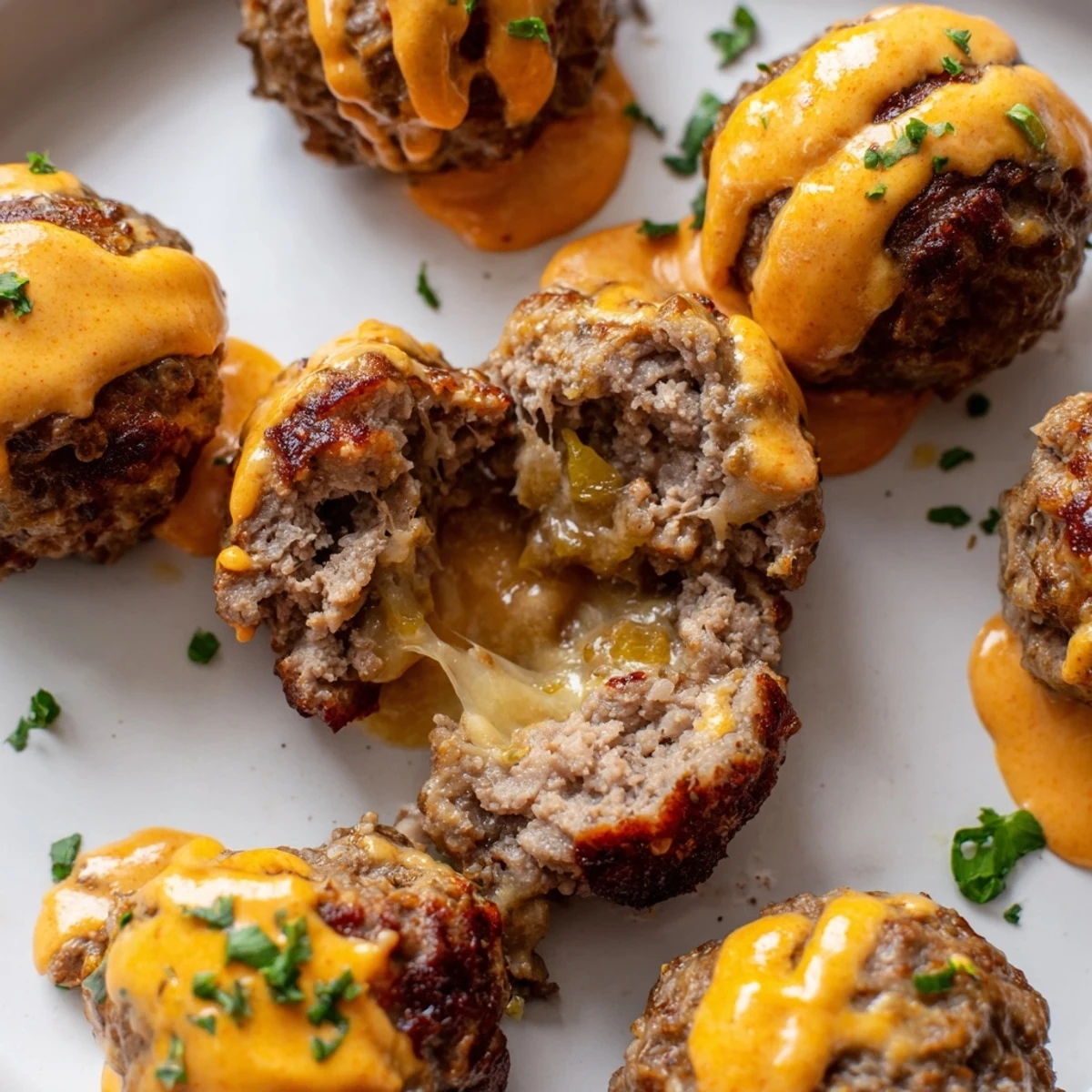 Juicy cheese stuffed meatballs with spicy cheese sauce bubbling over tender melted mozzarella centers.