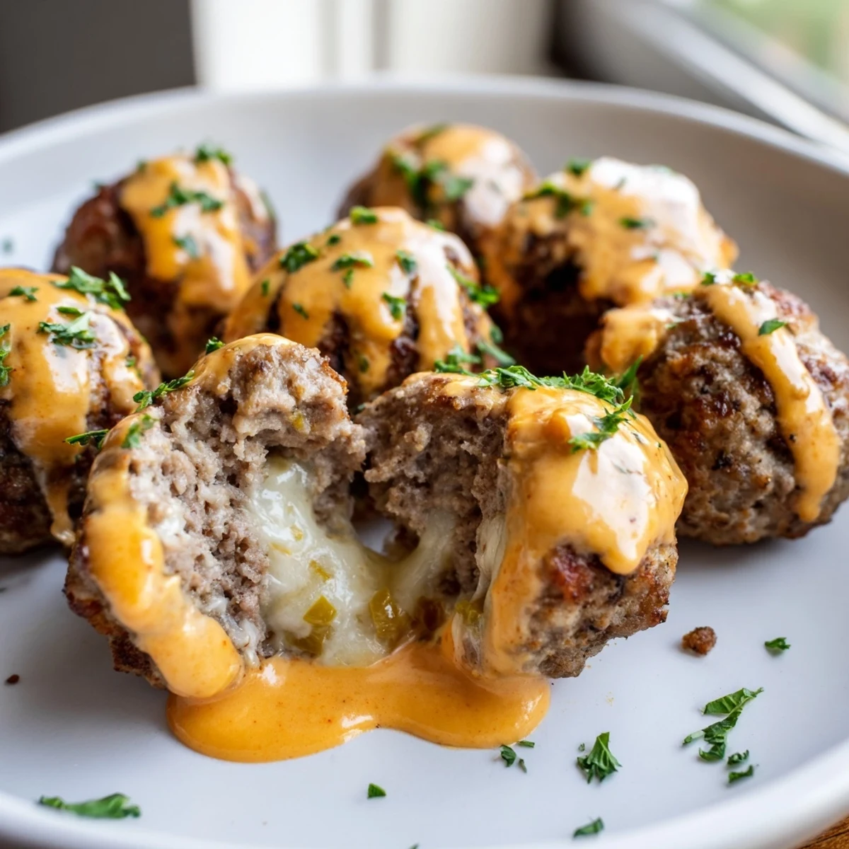 Golden cheese stuffed meatballs drizzled with creamy spicy cheese sauce on a rustic plate.