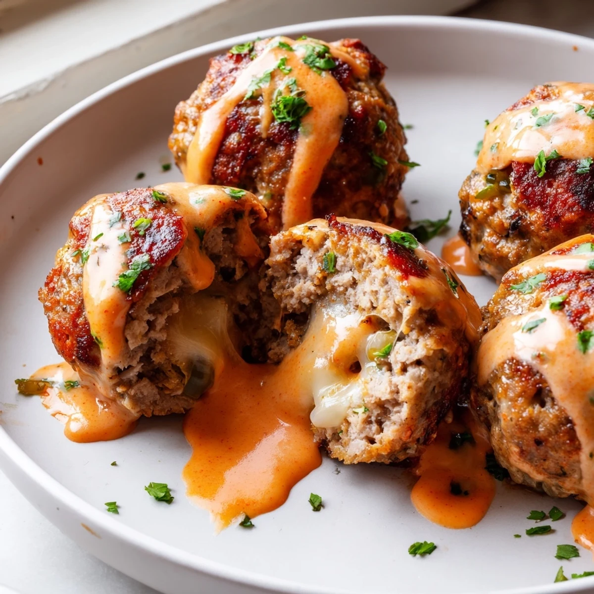 Cheese stuffed meatballs with spicy cheese sauce served hot alongside crusty bread for dipping.