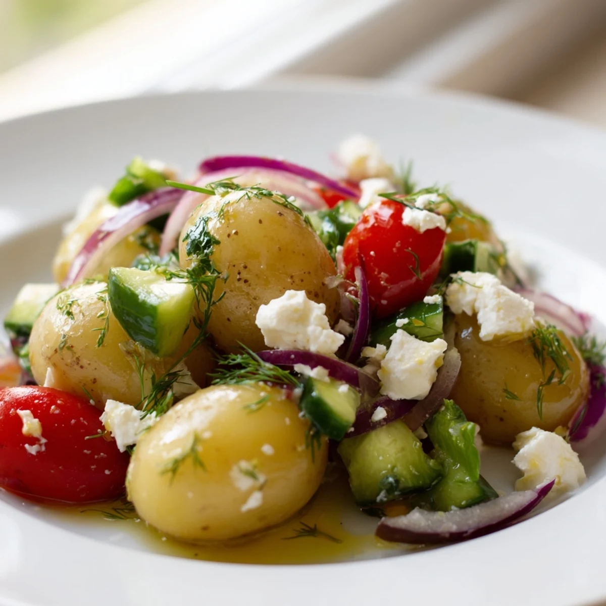 Creamy potato and feta salad with cherry tomatoes, fresh herbs, and tangy dressing