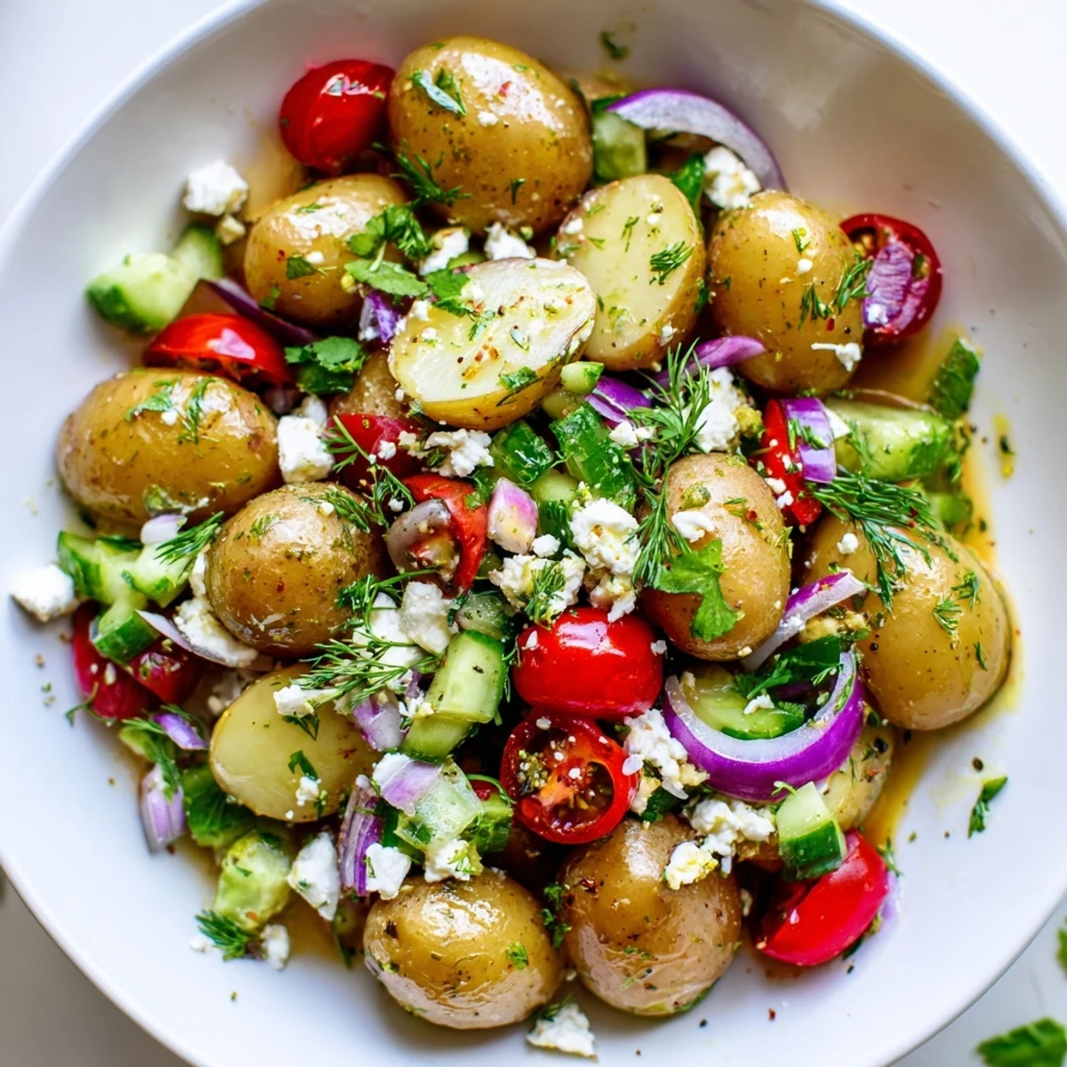 Warm potato and feta salad tossed with dill, cucumber, and bright lemon vinaigrette