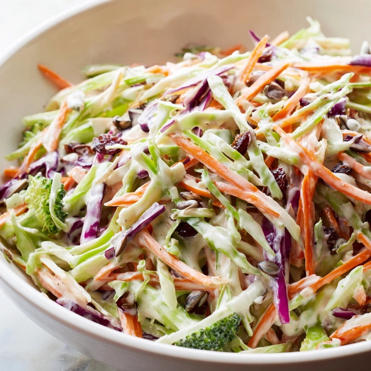 Creamy broccoli slaw tossed with shredded carrots and tangy dressing in a bowl