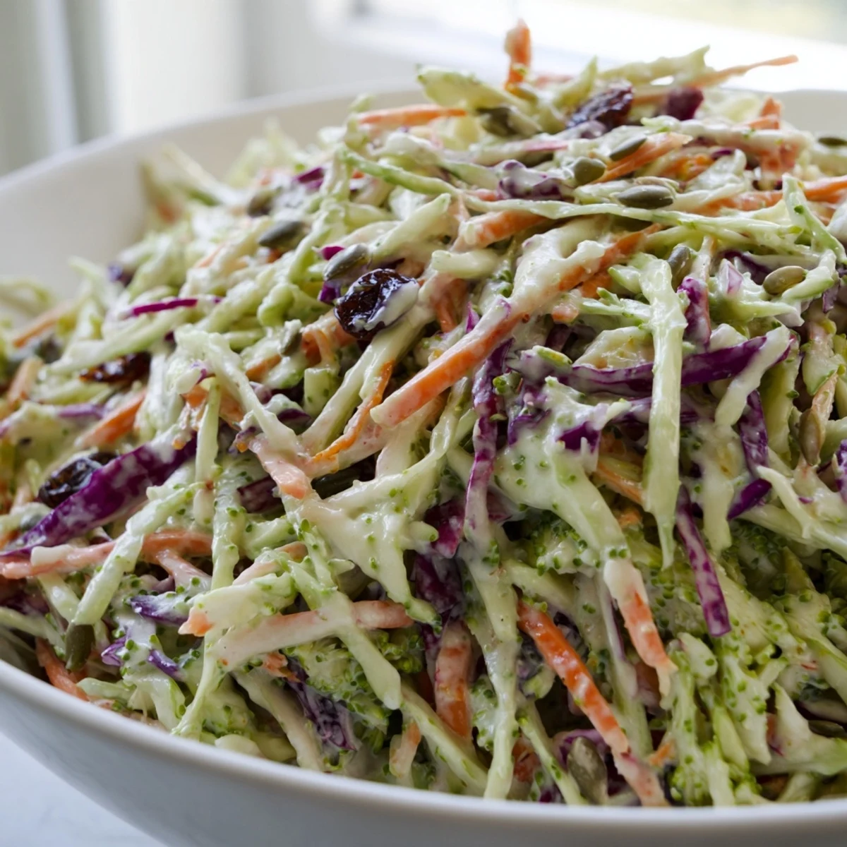 Crisp broccoli slaw garnished with sunflower seeds and dried cranberries on a platter