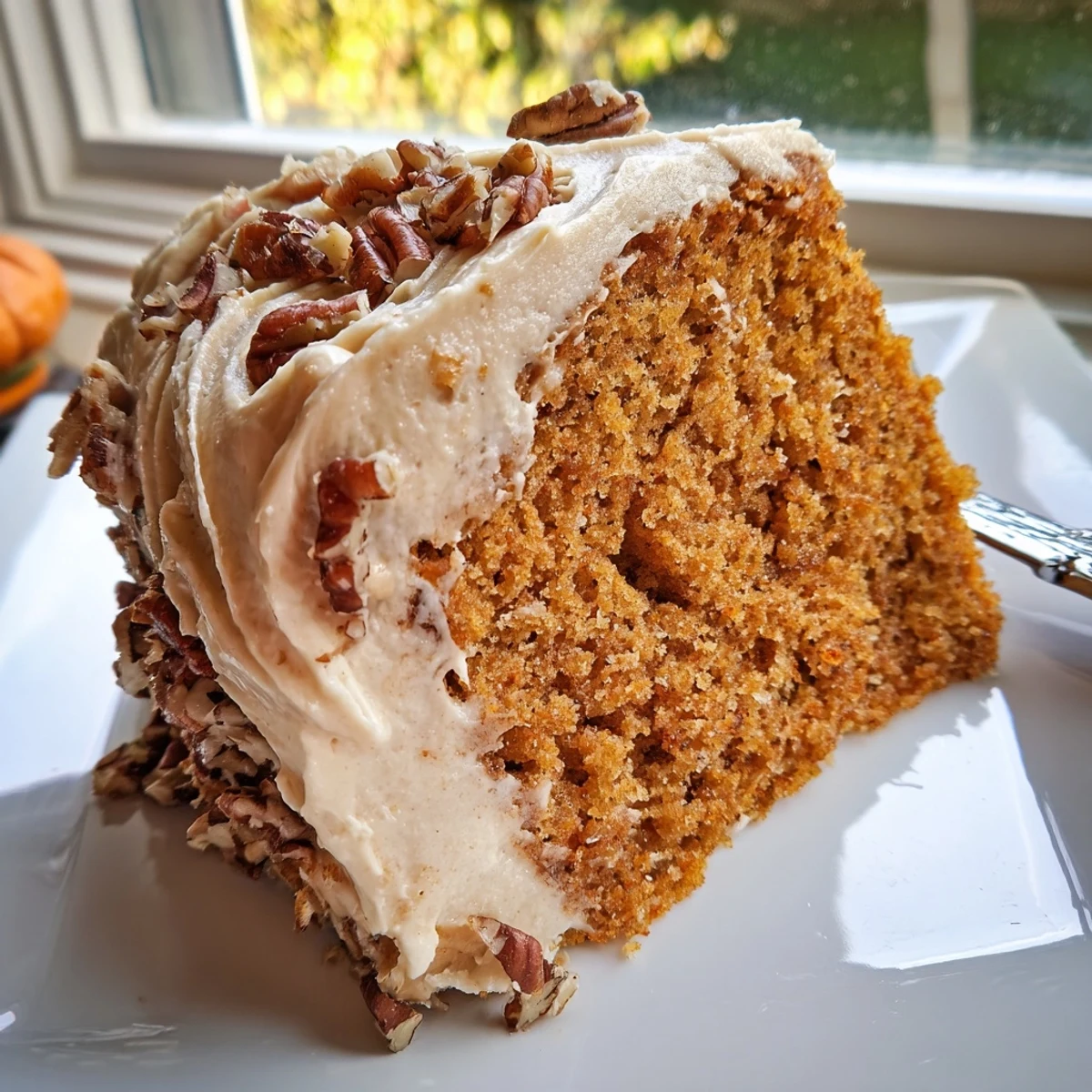A slice of pumpkin pecan cake with thick cinnamon cream cheese icing on a rustic plate