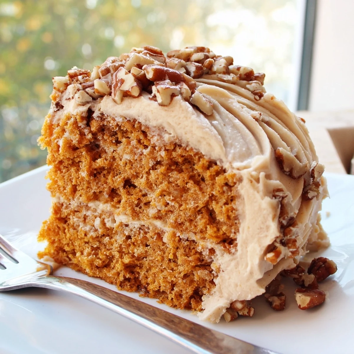 Warm pumpkin pecan cake topped with swirled cinnamon icing and scattered toasted pecan pieces