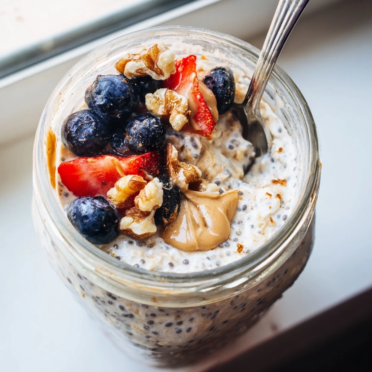 Creamy protein overnight oats topped with fresh berries in a glass jar