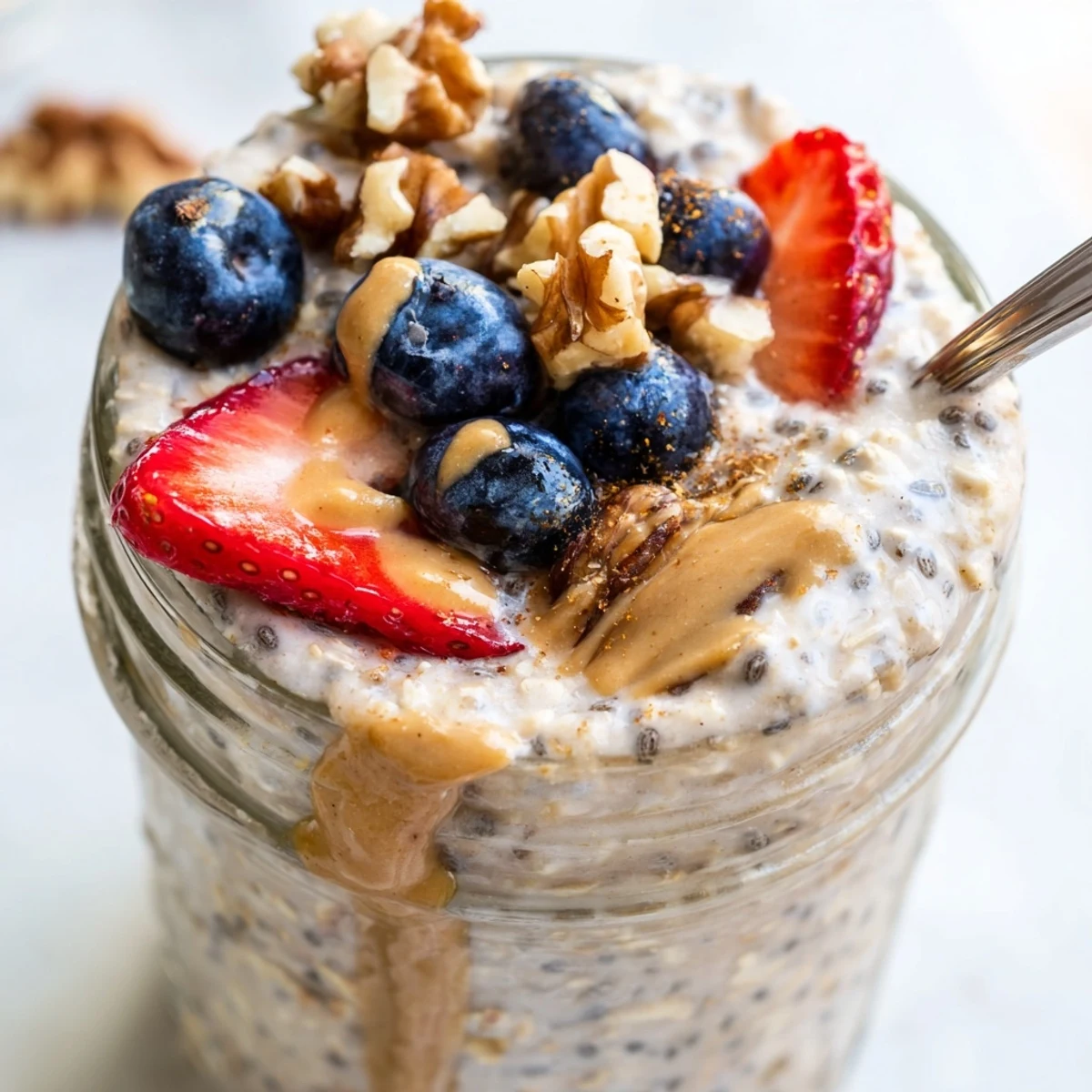 Thick protein overnight oats swirled with maple syrup and sliced banana
