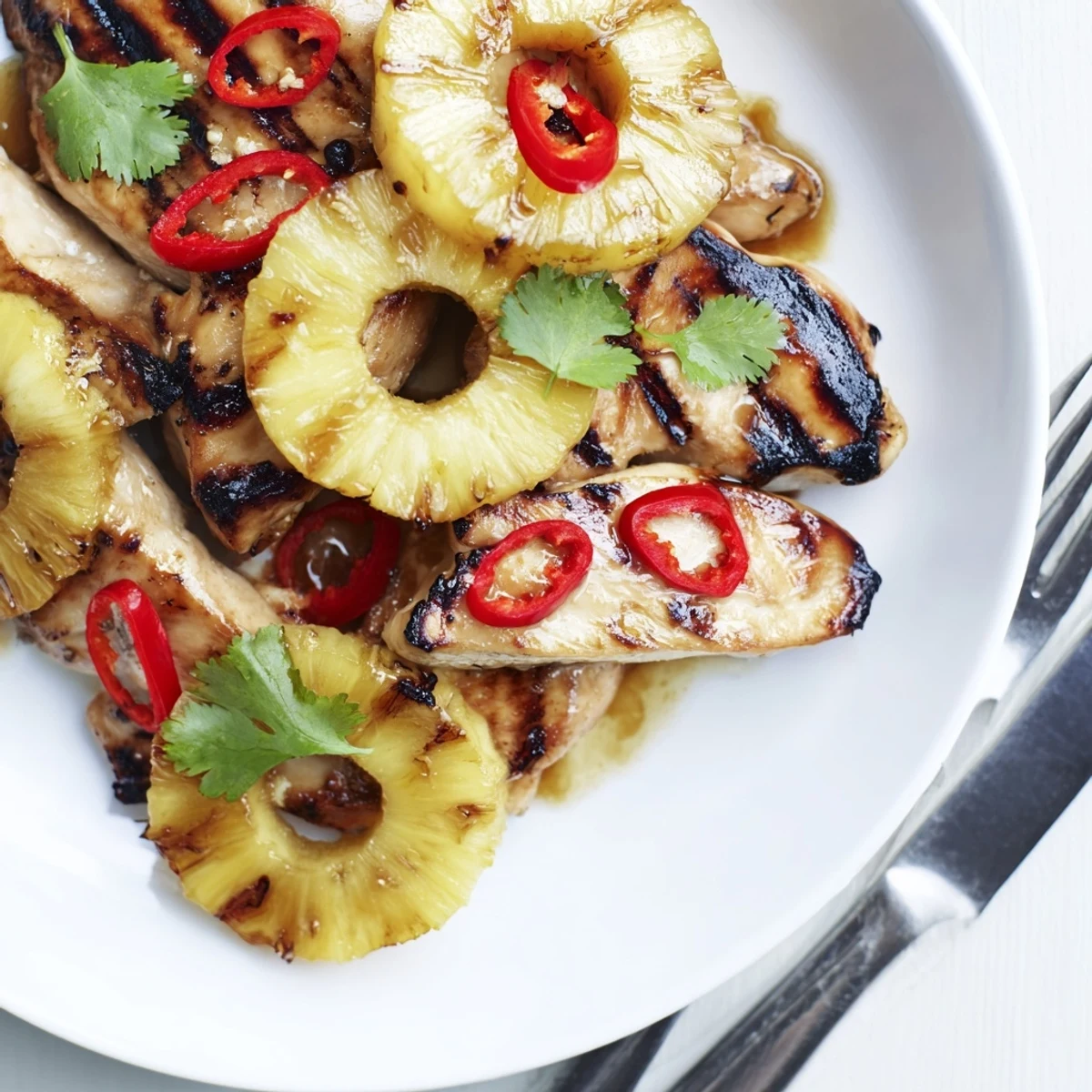 Chili Pineapple Grilled Chicken with caramelized pineapple rings on a smoky backyard grill