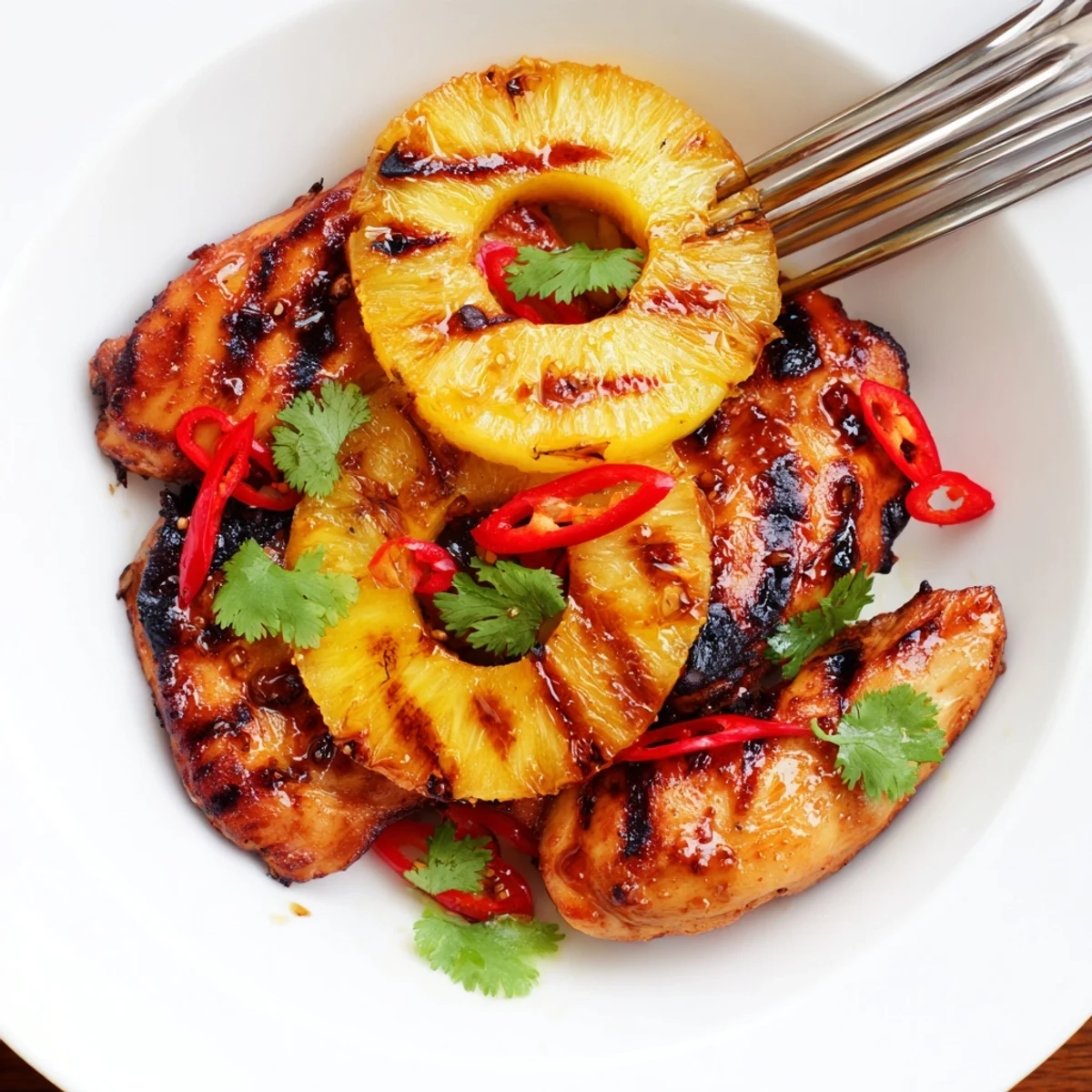 Golden Chili Pineapple Grilled Chicken plated alongside coconut rice with vibrant red chili garnish