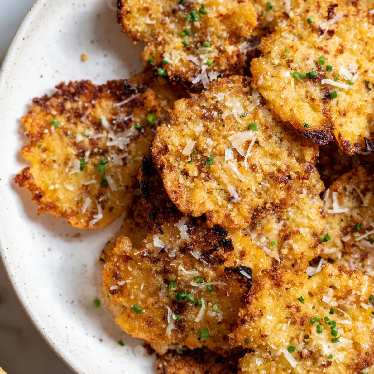 Savory cottage cheese chips arranged on a plate beside a creamy dip