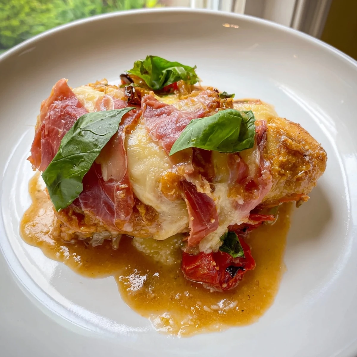 Bubbling Chicken Valdostana with gooey cheese and prosciutto over a rich white wine sauce