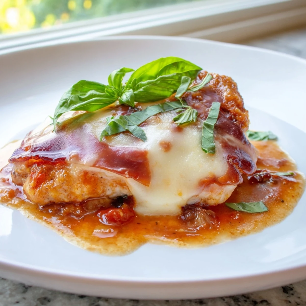 Golden Chicken Valdostana topped with melted Fontina and crispy prosciutto in rustic tomato sauce