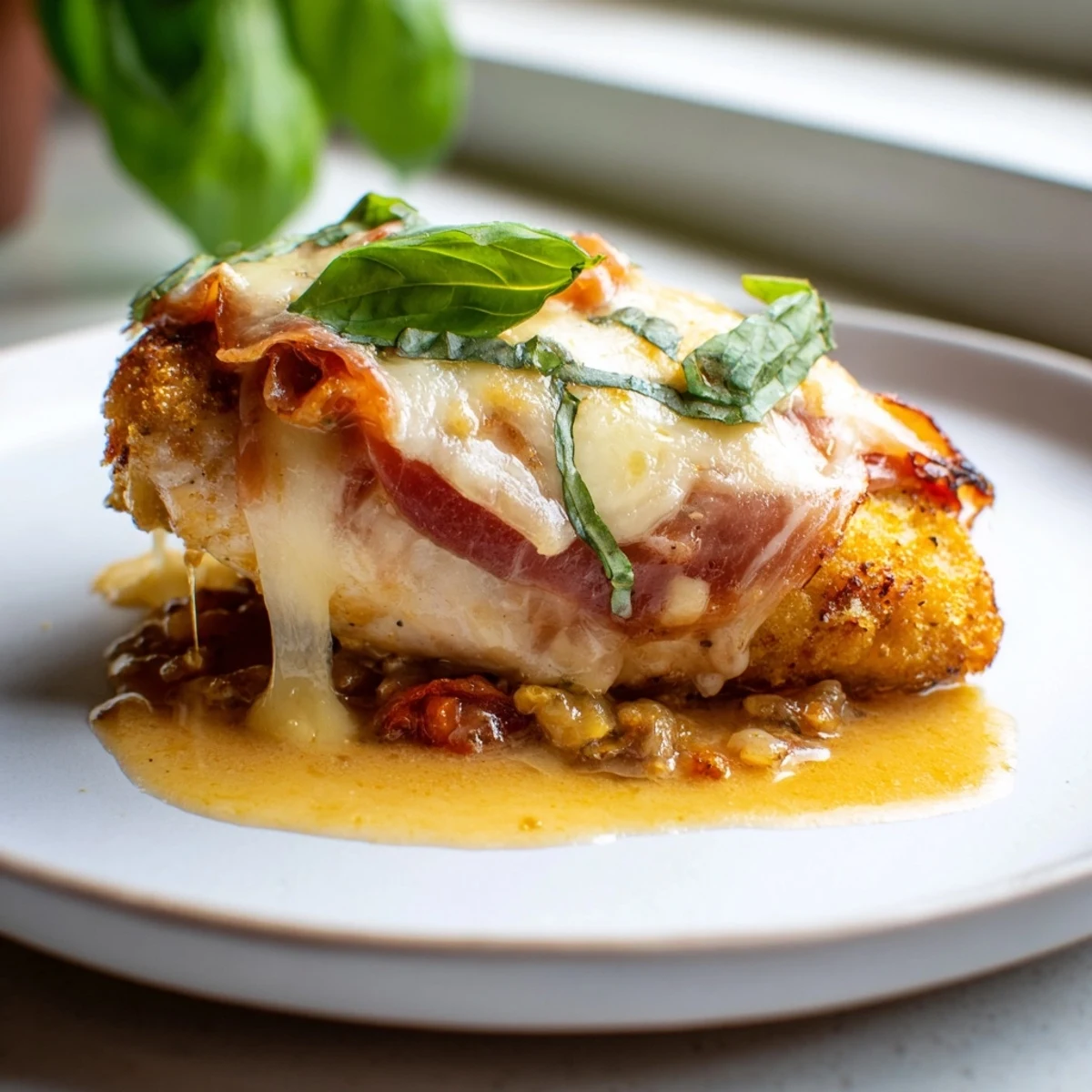 Tender breaded Chicken Valdostana smothered in melted Fontina prosciutto and herbed tomato pan sauce