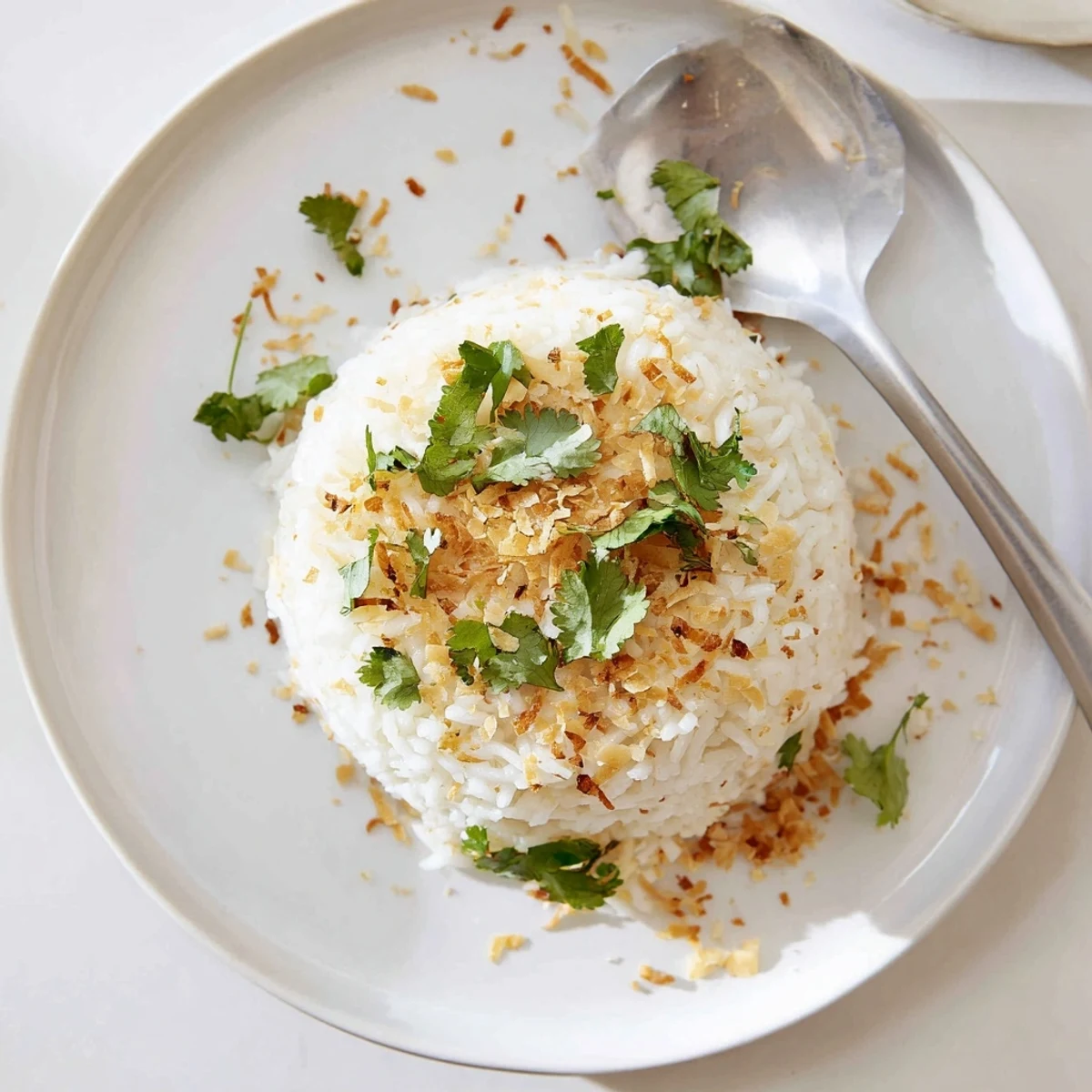 Fluffy coconut rice served alongside vibrant Thai curry in a white bowl
