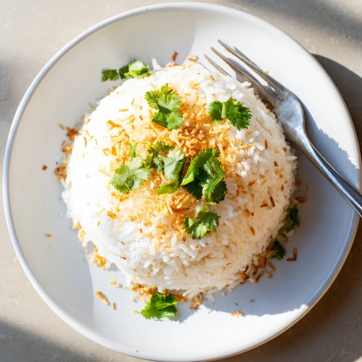 Creamy coconut rice topped with lime zest and golden toasted coconut flakes